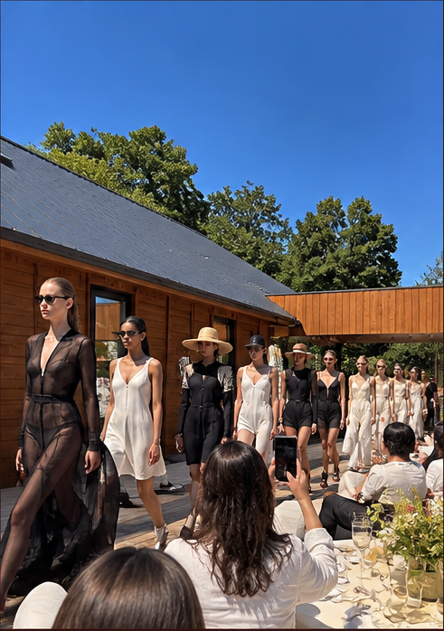 Models walking an outdoor runway beside a timber building under a clear blue sky
