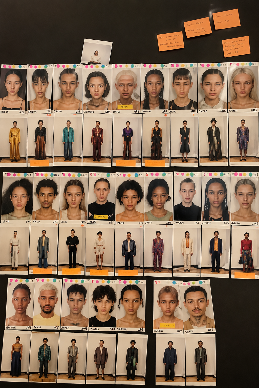 A casting board covered in polaroid photos of models